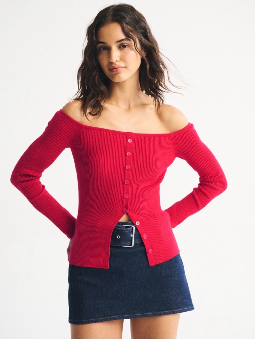 NWT ❤️ A&F Off-Shoulder Button-Front Ribbed Top | Size Large